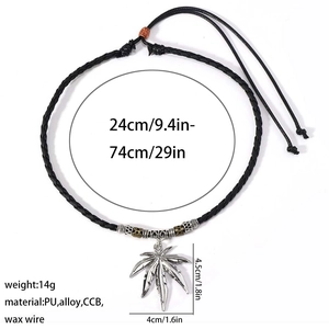 Detailed size and material specs for leaf pendant necklace with adjustable wax cord
