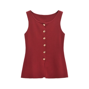 Women's burgundy knit vest with elegant gold-tone buttons on a clean white background