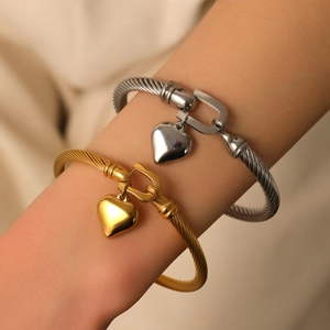 Heart Charm Cable Twisted Bangle And Stud Earrings Titanium Steel Polished Non Fading Minimalist Jewelry For Women