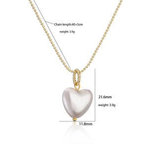 Golden chain necklace featuring a 3D white heart pearl pendant with product dimensions
