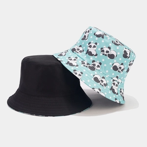 Reversible bucket hat for women and men featuring cute cartoon panda patterns in light blue