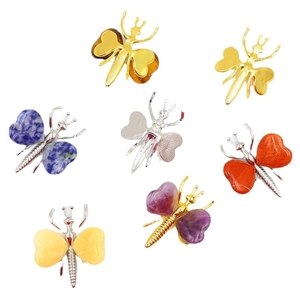 Natural crystal butterfly ornaments in amethyst and lapis with gold metal frame