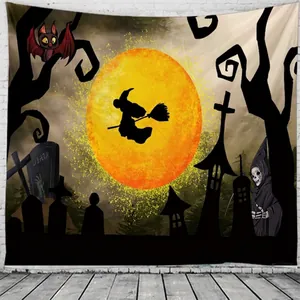 Tapisserie Murale Halloween Polyester Sorcière Lune Citrouille Ciel Nocturne Effrayant Toile De Fond Chambre Salon Décoration