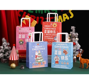 Christmas gift bags in four colors with Santa and reindeer patterns on table