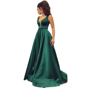 Elegant sleeveless dark green satin evening gown with deep V-neck and high-waist A-line cut