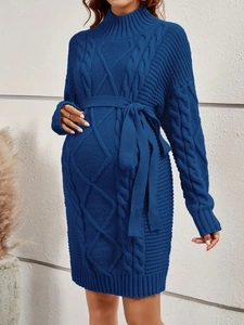 Dark blue maternity knit dress with high collar and cable pattern for autumn and winter