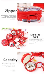 Detail view of round Christmas tin coin purse with zipper and festive Santa elk prints