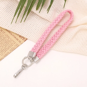 Pink woven braided wrist lanyard with silver metal ring for phone and keychains