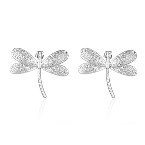 Retro stainless steel dragonfly stud earrings with detailed wings on white background