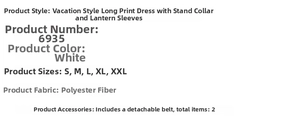 Detailed size chart and material specs for the white printed lantern sleeve maxi dress
