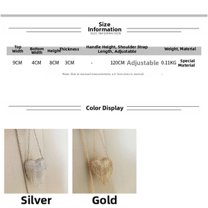 Detailed size chart for heart mini evening bag showing 9x8x3cm dimensions and chain strap