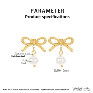 Detail view of 19x12mm gold stainless steel bow earrings with shell pearl charms