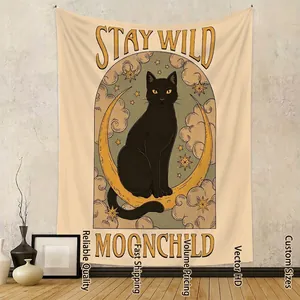 Boho Cat Moon Tarot Wall Hanging Tapestry Mystic Sun Astrology Aesthetic Polyester Fabric Decor Room Bedroom Apartment