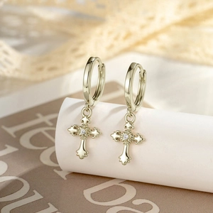 Cross Pendant Huggie Hoop Earrings Copper Zircon Retro Gothic Iris Texture Gold Tone Vintage Jewelry For Women Men