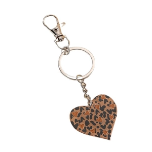Acrylic leopard print heart keychain with golden heart detail on a white background