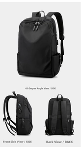 Detail view of black oxford backpack showing USB port, back mesh and side profile