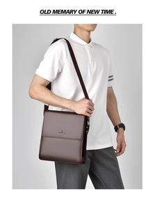 Detail of dark brown leather messenger bag with adjustable strap and embossed brand logo
