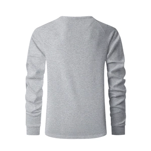 Detailed back view of a men's grey waffle knit long-sleeved shirt with textured fabric