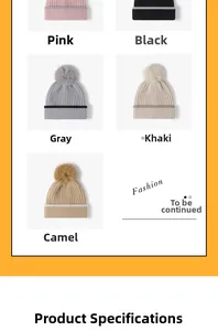 Detail grid showing multi-color pom-pom knit beanies in pink, black, gray, and khaki