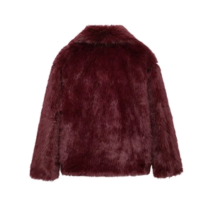 Detailed back view of a burgundy faux fur jacket with soft plush texture and rich sheen