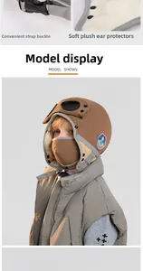 Detail of children's pilot hat with warm plush earflaps and adjustable buckle
