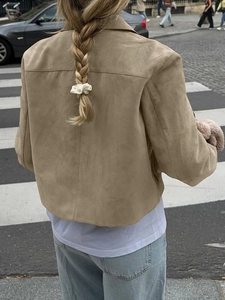 Women casual khaki faux suede buttoned short jacket for autumn stylish street style look