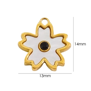 Macro detail of 13mm by 14mm white shell flower pendant with 14k gold plating