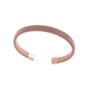 Mesh woven rose gold stainless steel C-shaped open bracelet with polished end caps