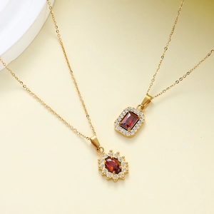 Elegant 18K gold plated stainless steel necklace with red zircon pendants for women