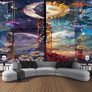 Detail of colorful stained glass style tapestry with sun and moon art in a living room
