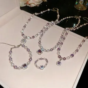 French vintage zircon purple rose pearl necklace jewelry set in pink gift box