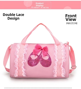 Front detail of pink ballet dance bag with lace trim, bow, and sequin shoe embroidery