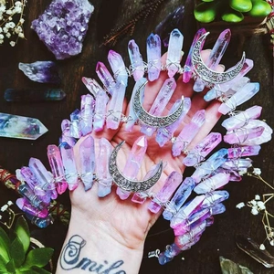 Handmade Wicca crystal crown with colorful moon charms and rainbow aura quartz stones