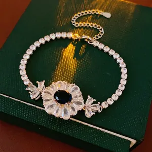 Elegant Flower Zircon Bracelet For Women Copper Floral Design Shiny Blue Oval Stone Niche Luxury Jewelry Gift