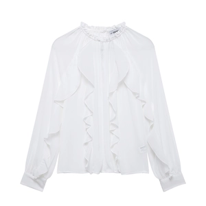 Women Ruffle Chiffon Blouse Elegant Stand Collar Long Sleeve Solid White Pullover Shirt Top