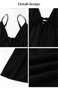 Detail design showing slim straps and front lacing on black cotton-linen dress