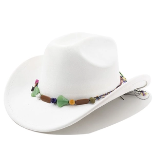 Detail of white western cowboy felt hat with bohemian turquoise and colorful beaded band