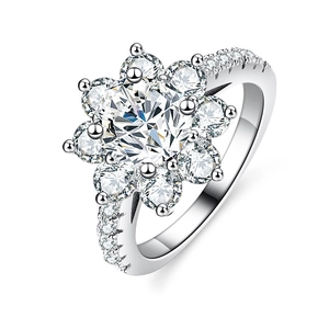 Sparkling Moissanite sunflower ring in silver with a center stone and halo petals