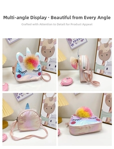 Viste multiple della borsa pranzo unicorno arcobaleno con tracolla regolabile
