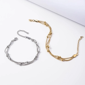 Triple Layer Snake Bone Chain Bracelet With Round Beads Stainless Steel Gold Plated Adjustable Jewelry For Women
