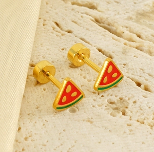 Macro detail of watermelon stud earrings with screw back closure in gold finish