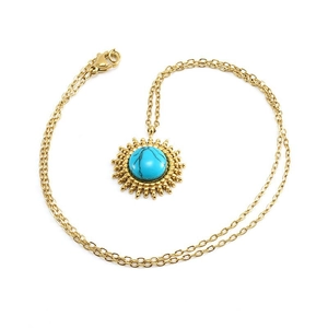 18K gold plated stainless steel necklace with round blue turquoise sunburst pendant