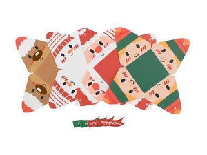 Flat lay of unassembled Christmas gift boxes with Santa designs and green ribbons