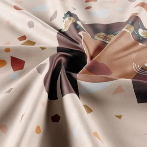 Close-up of bohemian tapestry fabric with artistic animal print and silky satin texture