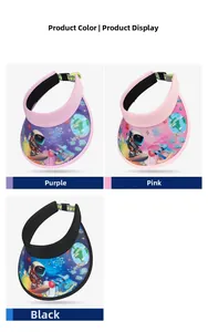 Detailed view of children's sun visors with cartoon astronaut prints in purple pink and black