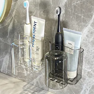 Wall-mounted couple toothbrush holder set with transparent grey inverted rinse cups