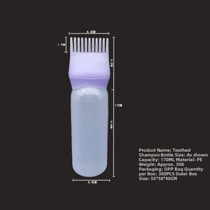 Detailed scale of 170ml squeeze hair bottle with dimensions and purple comb cap