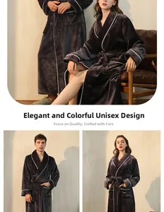 Detailed plush dark grey flannel robe with contrasting white piping and belted waist