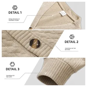 Men's slim fit beige knit cardigan with diamond jacquard pattern and classic V-neck style