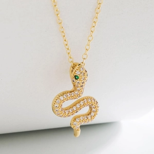 Snake Pendant Necklace 18K Gold Plated Copper Pave Cubic Zirconia Green Eyes Exquisite Jewelry For Women